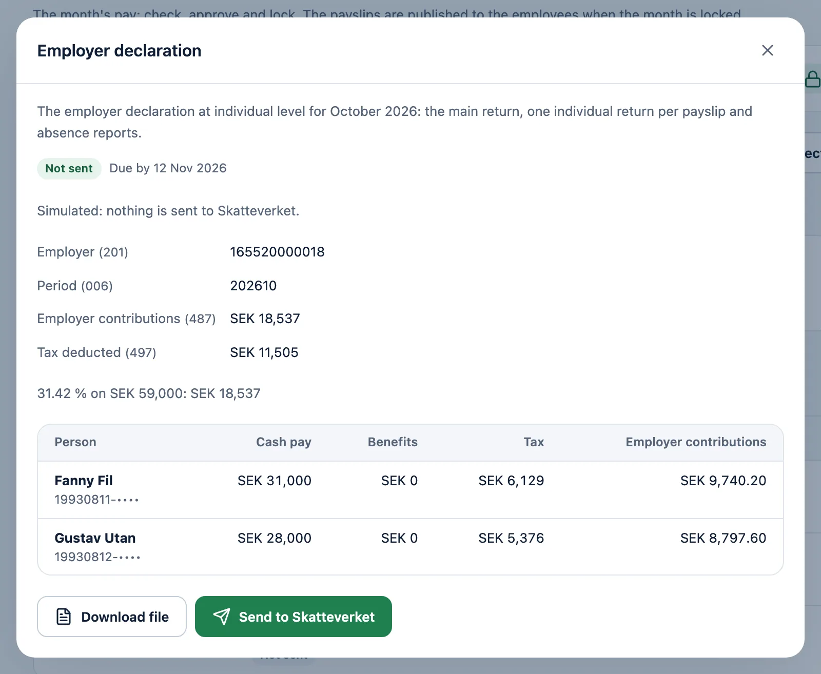 The employer declaration for October 2026: employer contributions, tax deducted and the employees.