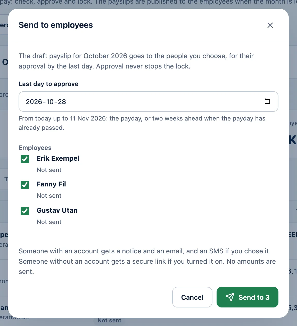 Send to employees in LöneFai: the last day for approval and the employees who get the draft.
