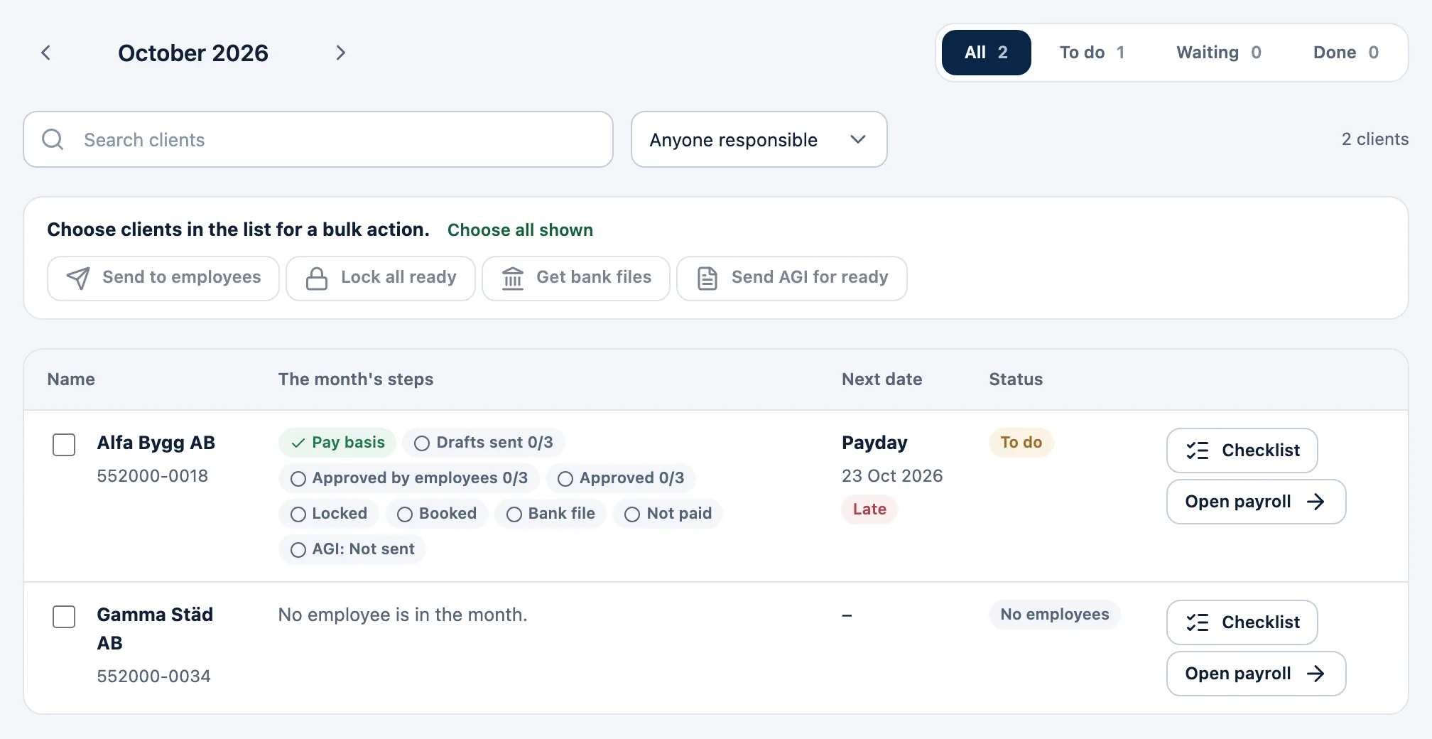 All clients for October 2026: each client's steps, the next date and the status.
