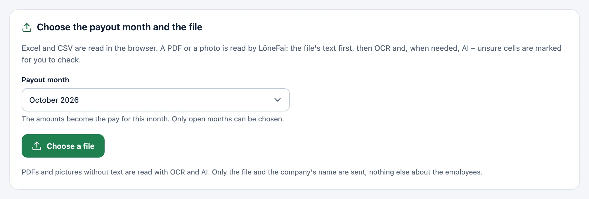 Import salary list in LöneFai: choose the payout month and the file.