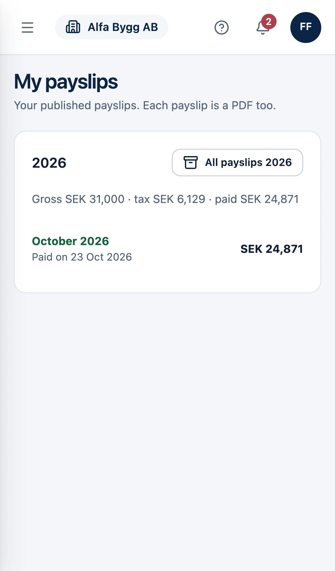 My payslips on a phone: October 2026 and the year's total.